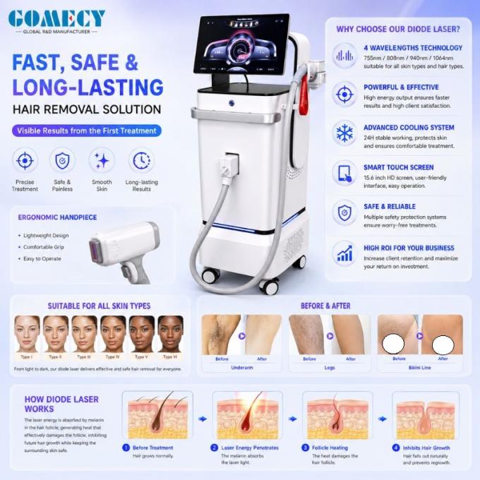Professional Permanent Hair Removal Laser System for Beauty Clinics, Medical Aesthetic Centers and Salons  The 3000W Multi-Wavelength Diode Laser Hair Removal Machine is a newly developed professional laser beauty system that combines powerful energy output, intelligent control technology, and advanced cooling performance.  Equipped with four professional laser wavelengths (755nm, 808nm, 940nm, and 1064nm), this diode laser system is designed to provide effective hair reduction solutions for various hair colors, hair thicknesses, and skin types.  The advanced multi-wavelength technology allows energy to penetrate different depths of hair follicles, making the system suitable for fine hair, thick hair, curly hair, and stubborn hair.  Featuring a 15.6-inch 4K Android touch screen, adjustable energy parameters, multiple spot sizes, and a comprehensive cooling system, this professional hair removal equipment provides a reliable solution for high-volume beauty clinics and aesthetic professionals.  Advanced 4 Wavelength Laser Technology  Traditional hair removal machines usually use a single wavelength, which limits treatment flexibility.  This new generation diode laser machine combines four wavelengths in one platform:  755nm Wavelength â Precision Hair Removal  The 755nm wavelength offers high melanin absorption and is suitable for:  Fine hair Light-colored hair Facial areas Delicate treatment zones 808nm Wavelength â Classic Diode Laser Performance  The 808nm wavelength provides balanced penetration and absorption:  Deep follicle targeting Effective for most hair types Suitable for large treatment areas Widely used in professional clinics 940nm Wavelength â Enhanced Follicle Targeting  The 940nm wavelength helps improve treatment efficiency:  Suitable for thicker hair Supports deeper follicle treatment Enhances overall treatment coverage 1064nm Wavelength â Dark Skin Solution  The 1064nm wavelength offers:  Lower melanin absorption Safer treatment for darker skin Support for Fitzpatrick skin types IV-VI High Power 3000W Laser Platform  Designed for professional commercial use, this system provides strong and stable laser performance.  Output Power Options: 1200W (800W laser output) 2400W (1200W laser output) 3000W (1600W laser output) Adjustable Treatment Parameters: Pulse width: 5-400ms Energy density: 1-200J/cmÂ² Frequency: 1-10Hz  Professionals can adjust treatment parameters according to:  Skin type Hair thickness Hair color Treatment area  This ensures optimized performance for different clients.  Intelligent 15.6-Inch 4K Android Touch Screen  The machine adopts a modern smart operating system with a large high-definition display.  Screen Features: 15.6-inch 4K touch screen Android operating system Intelligent interface Easy parameter adjustment Clear treatment information display  The smart control system improves operation efficiency and provides a more convenient user experience for professional operators.  Flexible Spot Size Design  Different treatment areas require different spot sizes.  This diode laser hair removal system supports multiple treatment spot options:  6mm precision nozzle 12Ã14mmÂ² 12Ã22mmÂ² 12Ã30mmÂ²  Advantages:  Precise treatment for small areas Faster operation for large body areas Improved treatment flexibility Comprehensive Cooling System for Maximum Comfort  High-performance laser systems require reliable cooling technology.  This machine integrates multiple cooling solutions:  Cooling Technology:  â Water Cooling System â Air Cooling System â Semiconductor Cooling â TEC Cooling Technology â Automotive Cooling Blanket  The sapphire contact cooling system maintains the treatment tip temperature at:  -5Â°C to 5Â°C  Benefits:  Protects the epidermis Reduces heat sensation Improves patient comfort Supports long working hours Professional Applications  The multi-wavelength diode laser system is widely used for:  Hair Removal Applications Face hair removal Beard removal Underarm hair removal Arm hair removal Leg hair removal Chest hair removal Back hair removal Bikini hair removal Suitable Hair Types  Effective for:  Fine hair Thick hair Curly hair Coarse hair Unwanted hair Suitable Skin Types  Works with:  Fitzpatrick Skin Type I Fitzpatrick Skin Type II Fitzpatrick Skin Type III Fitzpatrick Skin Type IV Fitzpatrick Skin Type V Fitzpatrick Skin Type VI Product Specifications Specification	Details Product Type	Professional Diode Laser Hair Removal Machine Laser Technology	Multi-Wavelength Diode Laser Wavelength	755nm / 808nm / 940nm / 1064nm Input Power	3000W Laser Output Options	1200W / 2400W / 3000W Pulse Width	5-400ms Energy Density	1-200J/cmÂ² Frequency	1-10Hz Spot Size	6mm / 12Ã14mmÂ² / 12Ã22mmÂ² / 12Ã30mmÂ² Cooling System	Water + Air + Semiconductor + TEC + Automotive Cooling Blanket Sapphire Cooling	-5Â°C to 5Â°C Display System	15.6-inch 4K Android Touch Screen Power Requirement	AC220VÂ±10%,50Hz / AC110VÂ±10%,60Hz Laser Water Temperature	30Â°C Why Choose This Professional Diode Laser Hair Removal System? Multi-Wavelength Advantage  Four wavelengths provide wider treatment coverage than conventional single wavelength laser machines.  High Efficiency Performance  The powerful 3000W platform and high energy density support fast professional treatments.  Smart Operation System  The Android 4K touchscreen simplifies operation and improves user experience.  Advanced Cooling Protection  Multiple cooling technologies ensure stable performance and comfortable treatments.  Commercial Beauty Equipment Solution  Suitable for:  Beauty equipment distributors Aesthetic clinic suppliers Professional salons Medical beauty centers FAQ Q1: What is the difference between 4 wavelength diode laser and normal diode laser?  A: The four wavelength system combines different laser wavelengths to target different follicle depths, providing more flexible treatment options.  Q2: Can it remove thick and curly hair?  A: Yes. The adjustable energy and multiple wavelengths make it suitable for different hair thicknesses, including coarse and curly hair.  Q3: Does the machine support all skin colors?  A: Yes. The combination of 755nm, 808nm, 940nm, and 1064nm wavelengths supports treatment across Fitzpatrick I-VI skin types.  Q4: Is it suitable for commercial use?  A: Yes. The high-power design, intelligent screen, and advanced cooling system are designed for professional clinics and beauty centers.